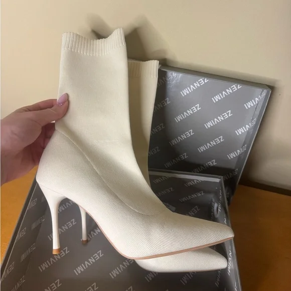 Beige ankle sock boots with heels - Picture 2 of 5